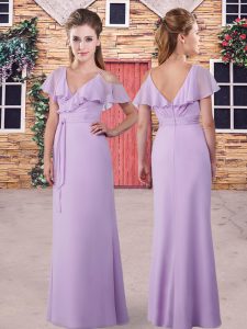 Column/Sheath Damas Dress Lilac V-neck Chiffon Sleeveless Floor Length Zipper