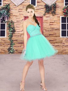 Turquoise A-line Tulle Sweetheart Sleeveless Beading Mini Length Zipper Dama Dress
