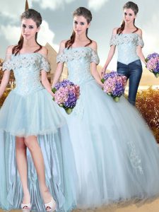 Light Blue Lace Up Off The Shoulder Beading and Lace and Appliques Sweet 16 Dress Tulle Sleeveless