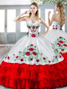 High Class White And Red Sleeveless Floor Length Beading and Embroidery and Ruffled Layers Lace Up Sweet 16 Dresses