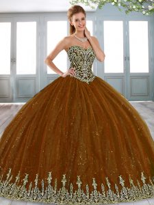 Brown 15th Birthday Dress Military Ball and Sweet 16 and Quinceanera with Beading and Appliques Sweetheart Sleeveless La