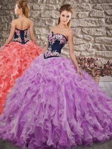 Low Price Lavender Sweet 16 Dress Organza Sweep Train Sleeveless Embroidery and Ruffles