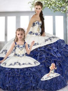 Blue And White Lace Up Sweet 16 Quinceanera Dress Beading and Embroidery and Ruffles Sleeveless Floor Length