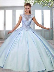 High Quality Light Blue 15th Birthday Dress Satin Sweep Train Cap Sleeves Beading and Appliques