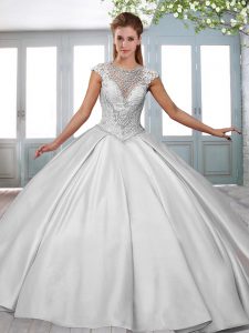 Cap Sleeves Sweep Train Beading and Appliques Lace Up Quince Ball Gowns