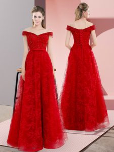 New Style Lace Up Prom Dresses Red for Prom and Party with Beading and Lace Sweep Train