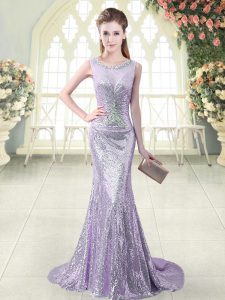 Top Selling Lavender Zipper Scoop Beading Prom Party Dress Sequined Sleeveless Brush Train