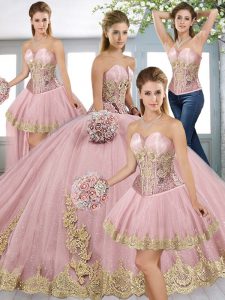 Discount Sweetheart Sleeveless 15th Birthday Dress Sweep Train Beading and Appliques Baby Pink Tulle