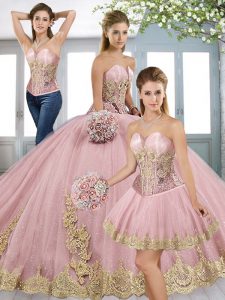 Sleeveless Tulle Sweep Train Lace Up Sweet 16 Dresses in Baby Pink with Beading and Appliques