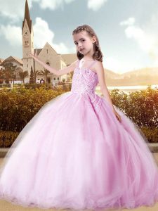 Pink Ball Gowns Straps Sleeveless Tulle Floor Length Lace Up Beading Pageant Dresses