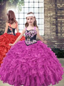 Floor Length Fuchsia Pageant Gowns For Girls Organza Sleeveless Embroidery and Ruffled Layers