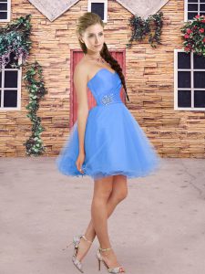 Blue Lace Up Wedding Guest Dresses Beading and Ruching Sleeveless Mini Length
