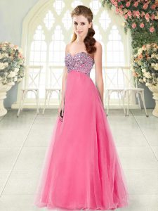 Excellent Hot Pink Tulle Lace Up Sweetheart Sleeveless Floor Length Evening Dress Beading