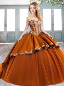 Customized Orange Red Ball Gowns Beading and Embroidery Quinceanera Gowns Lace Up Tulle Sleeveless