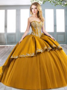 Gold 15 Quinceanera Dress Military Ball and Sweet 16 and Quinceanera with Beading and Embroidery Sweetheart Sleeveless S