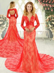 Customized Red Long Sleeves Tulle Court Train Backless Prom Evening Gown for Prom and Party and Military Ball