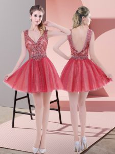 Customized Beading Prom Gown Watermelon Red Backless Sleeveless Mini Length