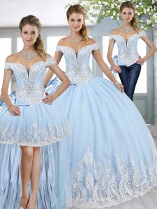 Baby Blue Sweet 16 Quinceanera Dress Military Ball and Sweet 16 with Beading and Appliques and Bowknot Off The Shoulder 
