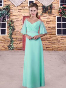 Turquoise Column/Sheath Chiffon Straps Half Sleeves Lace Floor Length Zipper Wedding Party Dress