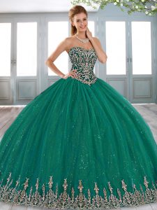 Hot Sale Tulle Sweetheart Sleeveless Lace Up Beading and Appliques 15th Birthday Dress in Turquoise