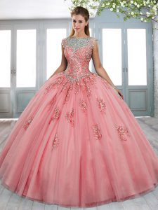 Watermelon Red Ball Gowns Scoop Sleeveless Tulle Sweep Train Lace Up Beading and Lace and Appliques 15 Quinceanera Dress