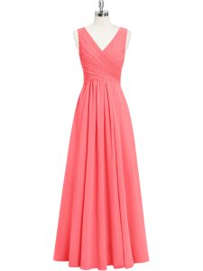 Watermelon Red Empire Ruching Prom Party Dress Zipper Chiffon Sleeveless Floor Length