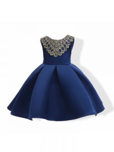 Amazing Sleeveless Mini Length Appliques and Bowknot Zipper Little Girls Pageant Dress Wholesale with Navy Blue