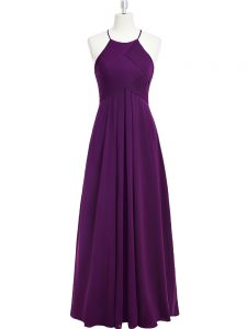 Halter Top Sleeveless Prom Gown Floor Length Ruching Purple Chiffon