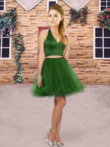 Green Two Pieces Tulle Halter Top Sleeveless Ruching Mini Length Zipper Bridesmaid Gown