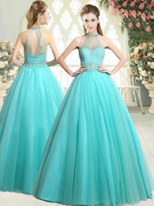 Nice Aqua Blue A-line Tulle Halter Top Sleeveless Beading Floor Length Zipper Prom Evening Gown