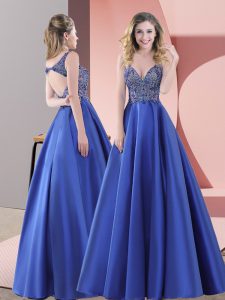 Blue Dress for Prom Prom and Party and Military Ball with Beading Straps Sleeveless Sweep Train Backless