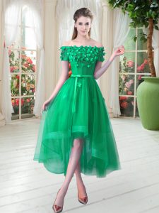 Short Sleeves Tulle High Low Lace Up Homecoming Dress in Green with Appliques