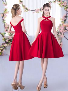 Knee Length Red Quinceanera Court Dresses Satin Sleeveless Ruching