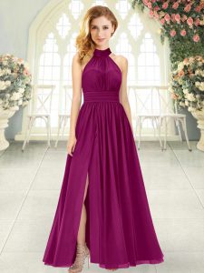 Stylish Burgundy Prom Party Dress Prom and Party with Ruching Halter Top Sleeveless Zipper