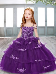Top Selling Purple Sleeveless Appliques Floor Length Little Girl Pageant Dress