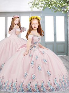 Sweet Cap Sleeves Floor Length Appliques Lace Up Child Pageant Dress with Baby Pink