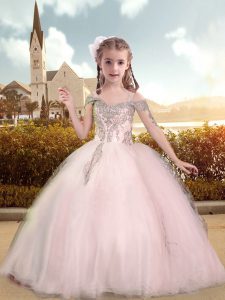 Affordable Baby Pink Ball Gowns Beading and Appliques Little Girl Pageant Dress Lace Up Tulle Sleeveless Floor Length