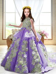 Attractive Lavender Pageant Dress Wedding Party with Appliques High-neck Sleeveless Court Train Backless