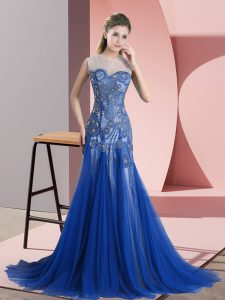 Royal Blue Tulle Backless Prom Gown Sleeveless Brush Train Beading and Appliques