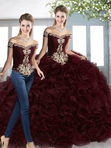 Inexpensive Off The Shoulder Sleeveless Quince Ball Gowns Court Train Beading Burgundy Organza