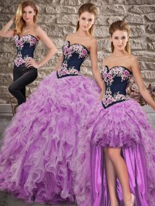 Sweetheart Sleeveless Organza Quinceanera Gowns Embroidery and Ruffles Sweep Train Lace Up