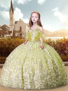 Tulle Short Sleeves Floor Length Little Girls Pageant Dress Wholesale and Appliques