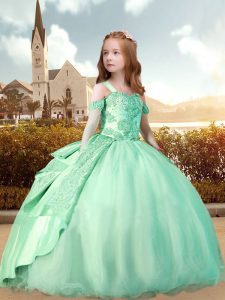 Green Off The Shoulder Neckline Beading and Appliques Girls Pageant Dresses 3 4 Length Sleeve Lace Up