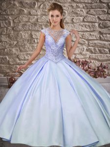 Light Blue Cap Sleeves Sweep Train Beading Quinceanera Gowns