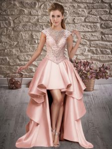 Pink Scoop Lace Up Beading Prom Dress Cap Sleeves