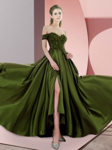 Stunning Olive Green Off The Shoulder Backless Beading Prom Dresses Sweep Train Sleeveless