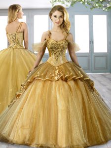 Eye-catching Gold Lace Up Spaghetti Straps Beading and Appliques Quinceanera Dress Organza Sleeveless Sweep Train