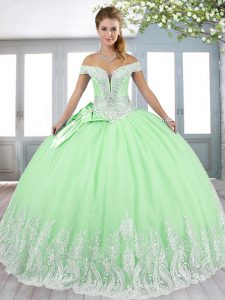 Shining Tulle Lace Up Quince Ball Gowns Sleeveless Floor Length Beading and Appliques and Bowknot