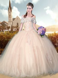 Trendy Floor Length Pink Sweet 16 Quinceanera Dress Tulle Sleeveless Beading and Lace and Appliques