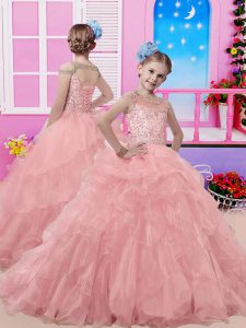 Pink Sleeveless Sweep Train Beading and Ruffles Little Girl Pageant Gowns